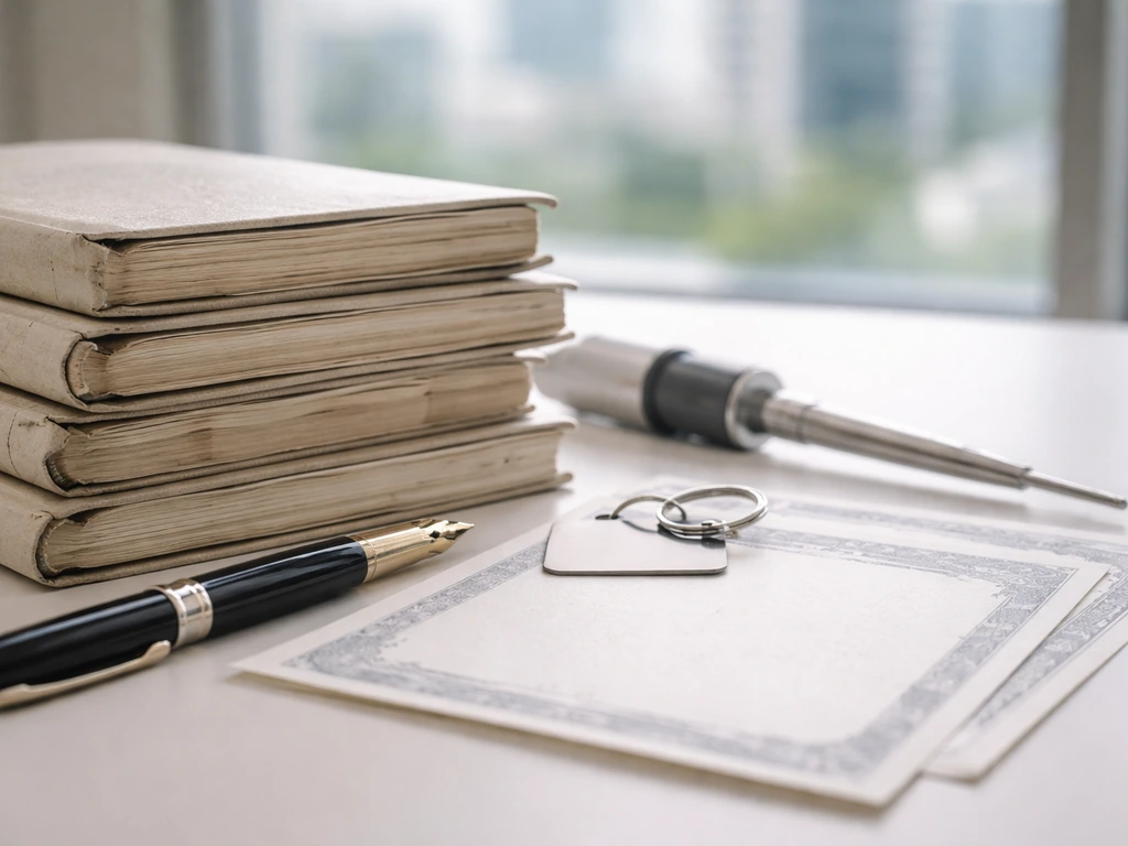 Close-up of lab notebooks, pipette, and blank share-certificate papers in a bright office window setting.