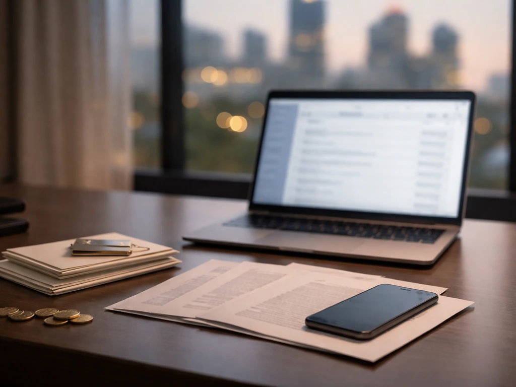 Minimal newsroom scene with a laptop, documents, and muted finance tokens symbolizing net worth verification