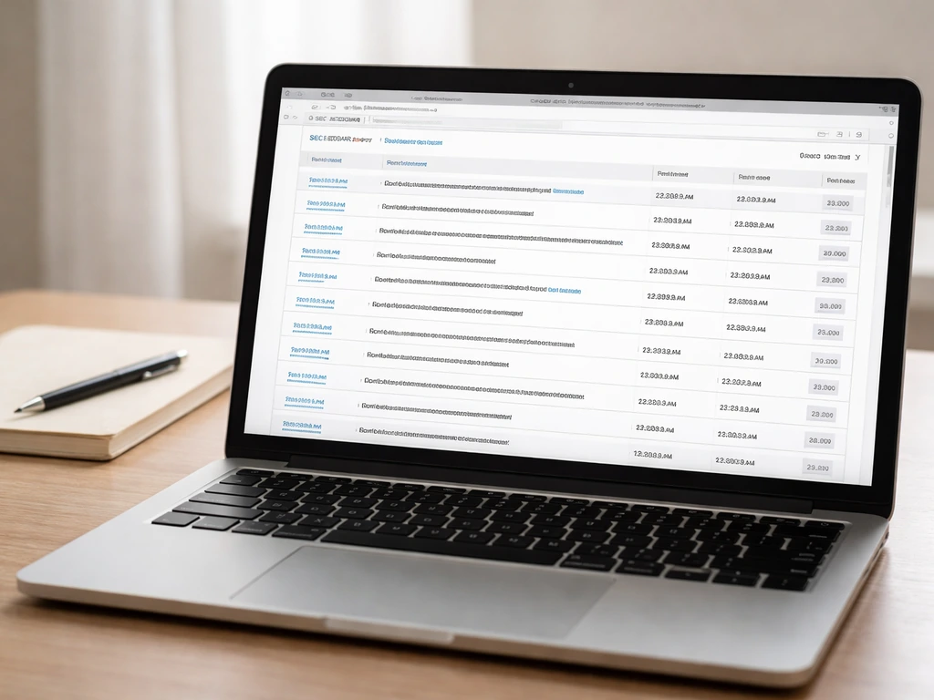 Close-up of a laptop showing an SEC EDGAR Form 4 search results page, with a finance-focused desk background.