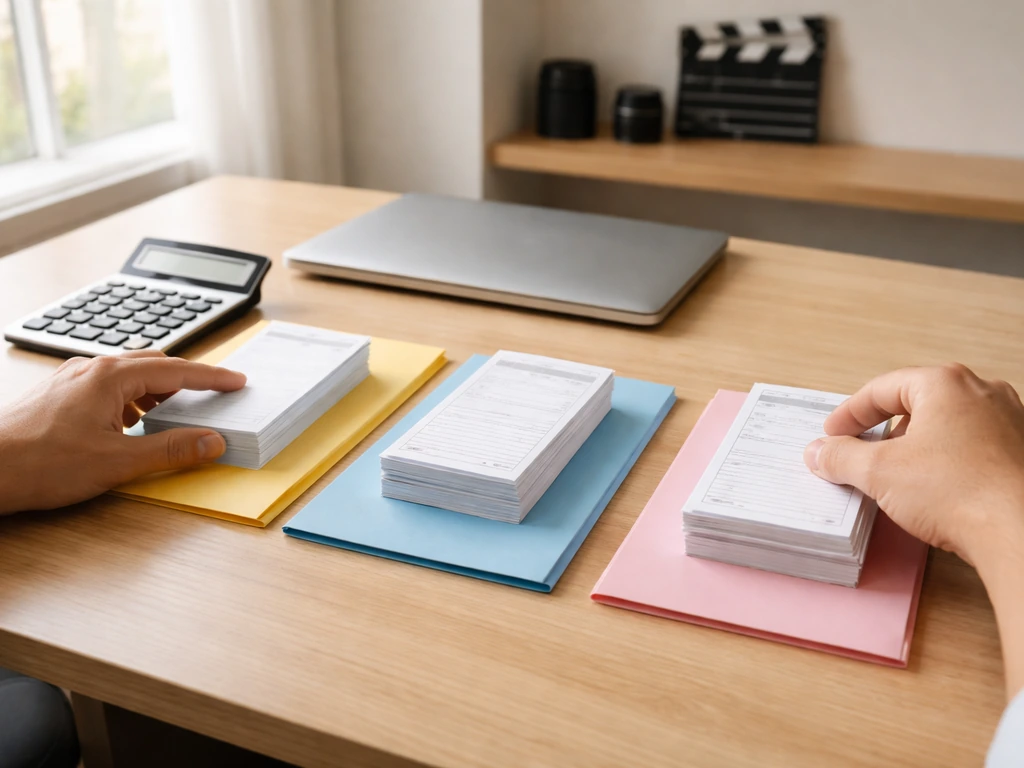 Anonymous hands sorting blank invoices into three color folders beside a calculator in a quiet office.