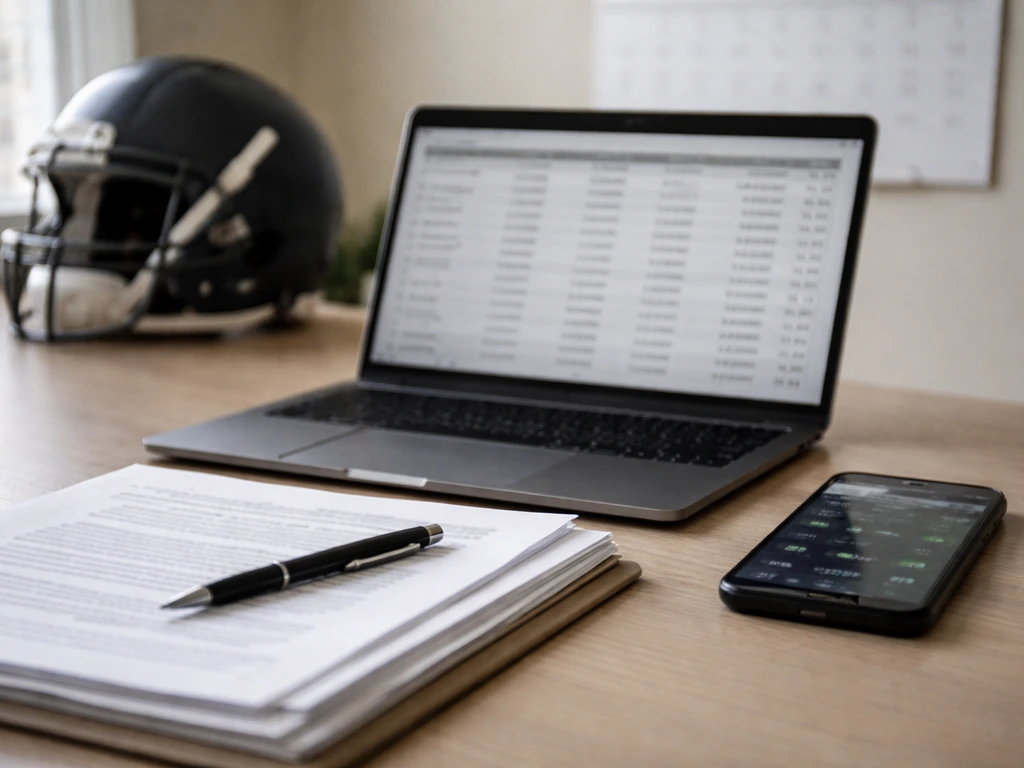 Laptop and paperwork on a desk with blurred contract data, symbolizing NFL compensation research.