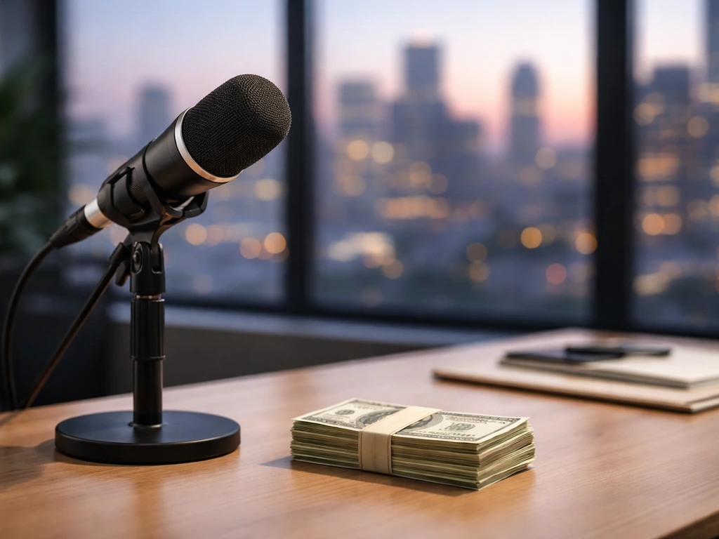 Minimal media studio desk with microphone and a small stack of cash beside a blurred city skyline.