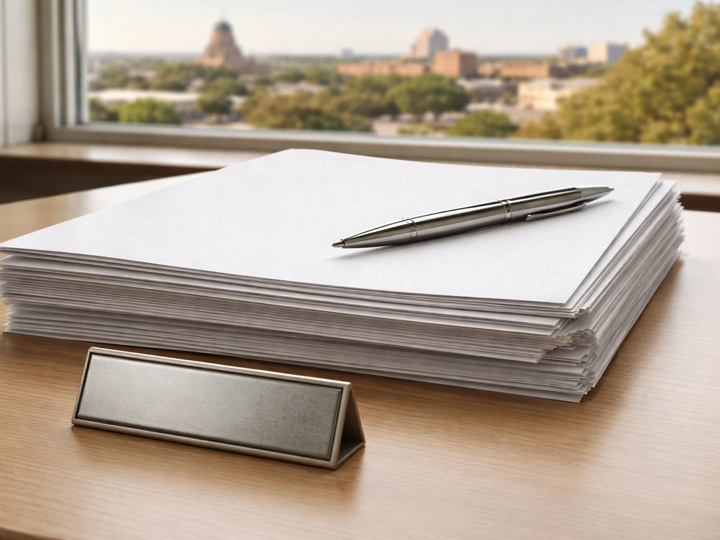 Close-up of business documents and a pen on a desk beside a blurred Texas city skyline view