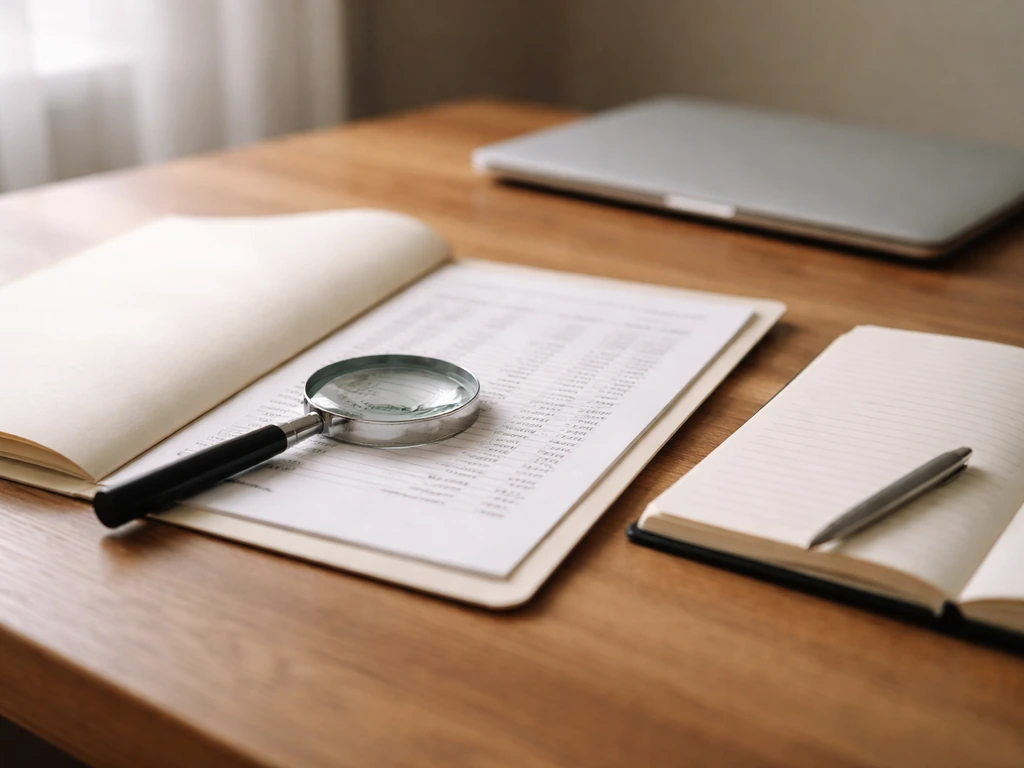 Magnifying glass inspecting financial statements on an office desk, symbolizing verification of a net worth estimate.