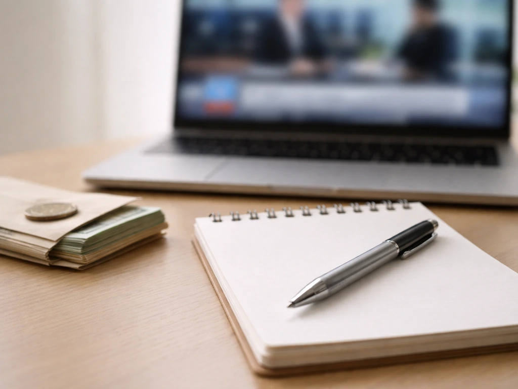 Close-up of a pen and notepad beside a laptop showing blurred news headlines, symbolizing media wealth analysis.